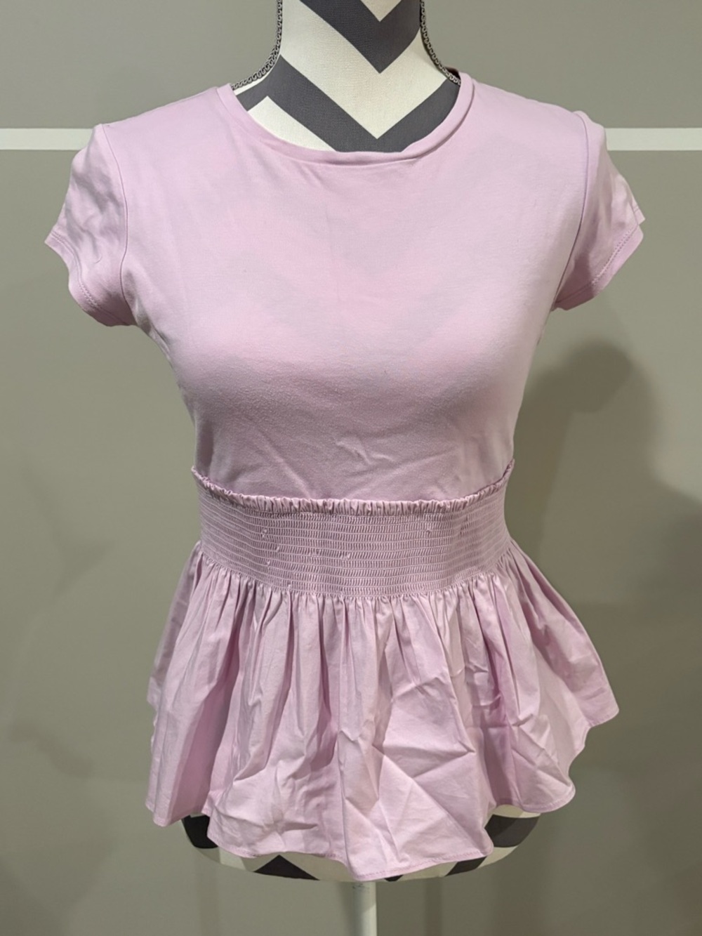 Express Light Pink Smocked Waist Peplum Top